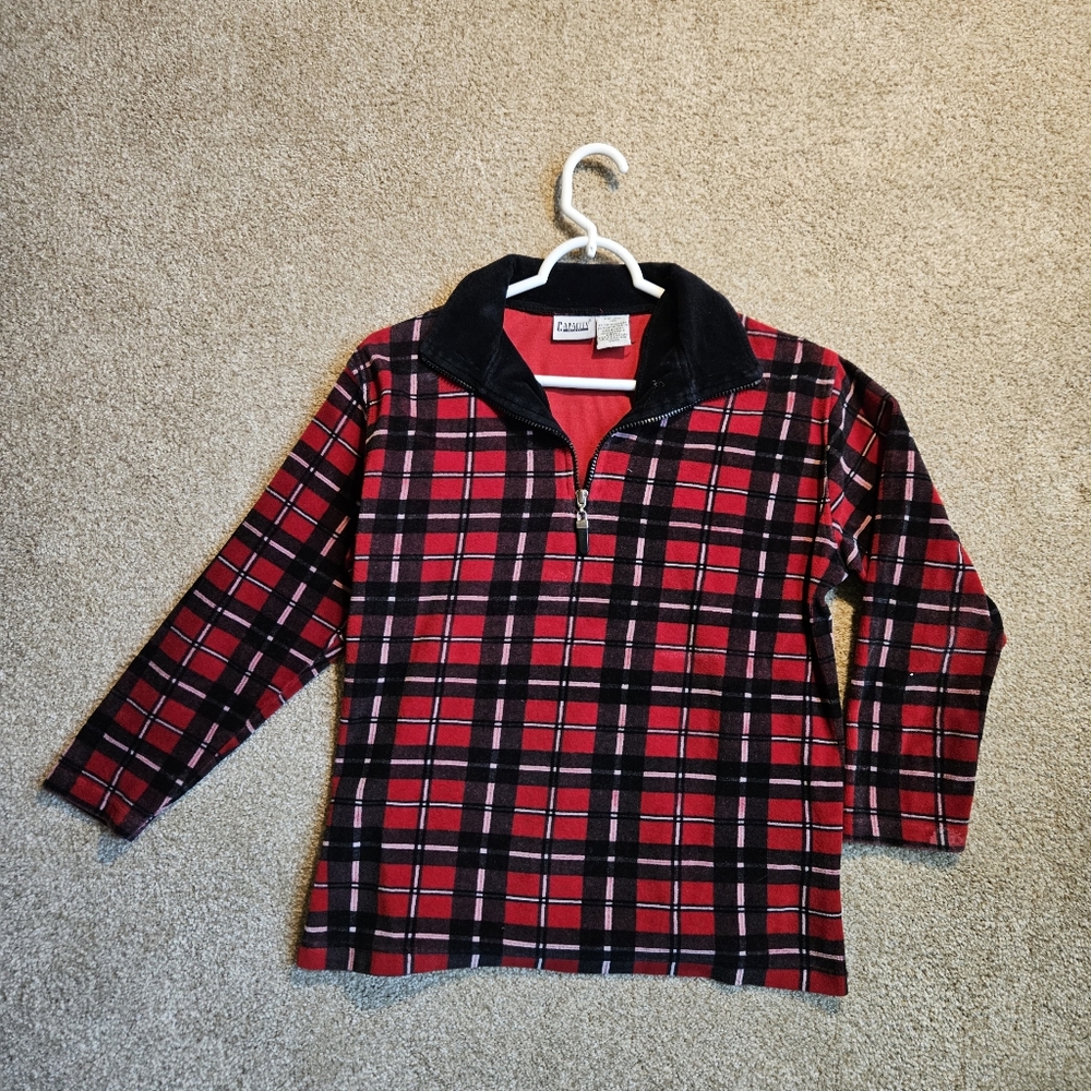 Capacity Brand Size SP Red and Black Plaid Quarter-Zip Sweater Vintage